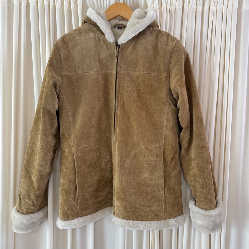 Adler Tan Suede Jacket Faux Fur Lining Collar & Hood Vtg Y2k 90s Winter Cozy